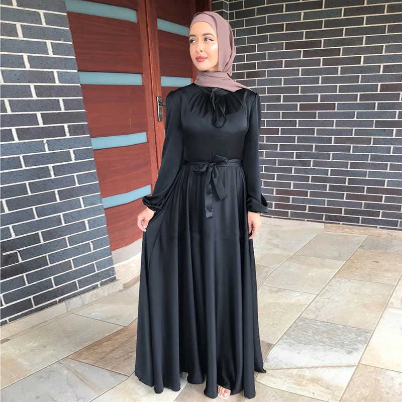 Women 2022 Spring Long Sleeve Solid Muslim Sundress Lace Up Vestido Dubai Abaya Hijab Robe Elegant Maxi Fashion Satin Dress