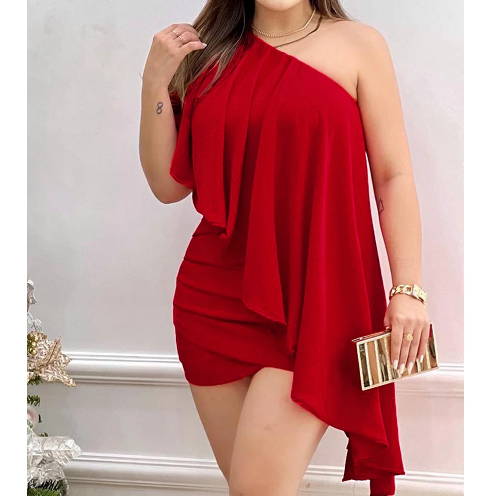 

Wepbel Solid Color One-Shoulder Dress Women Summer Ruffle Sexy Bodycon Mini Dress High Waist Clubwear Sheath Fashion Dress