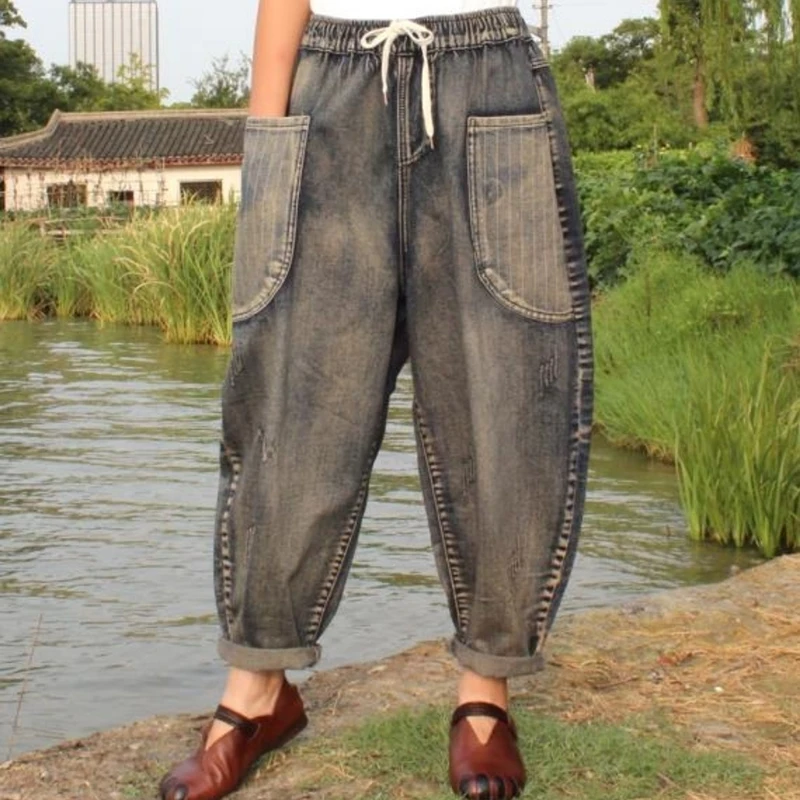 

Autumn Arts Style Women Loose Jeans Elastic Waist Casual Cotton Denim Pants Big Size Vintage Jeans Ladies Wide Leg Jeans S534