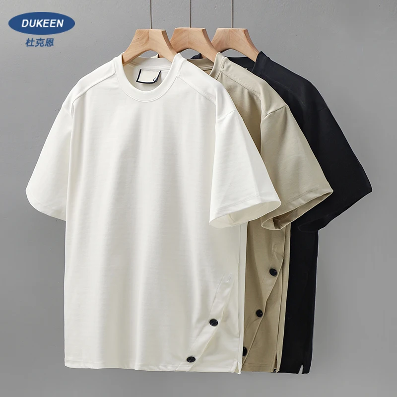 

Dukeen 300gsm Heavy Short-Sleeved T-Shirt Mens Summer Trend Vintage Twill Button Half-Sleeve High Street Tops Oversized Clothes