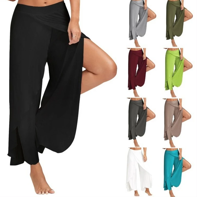 

Wide Leg Pants Female Loose Fitness Dance Yoga Split Trousers Women Elastic Waist Casual Workout Solid Summer Clothing 21923