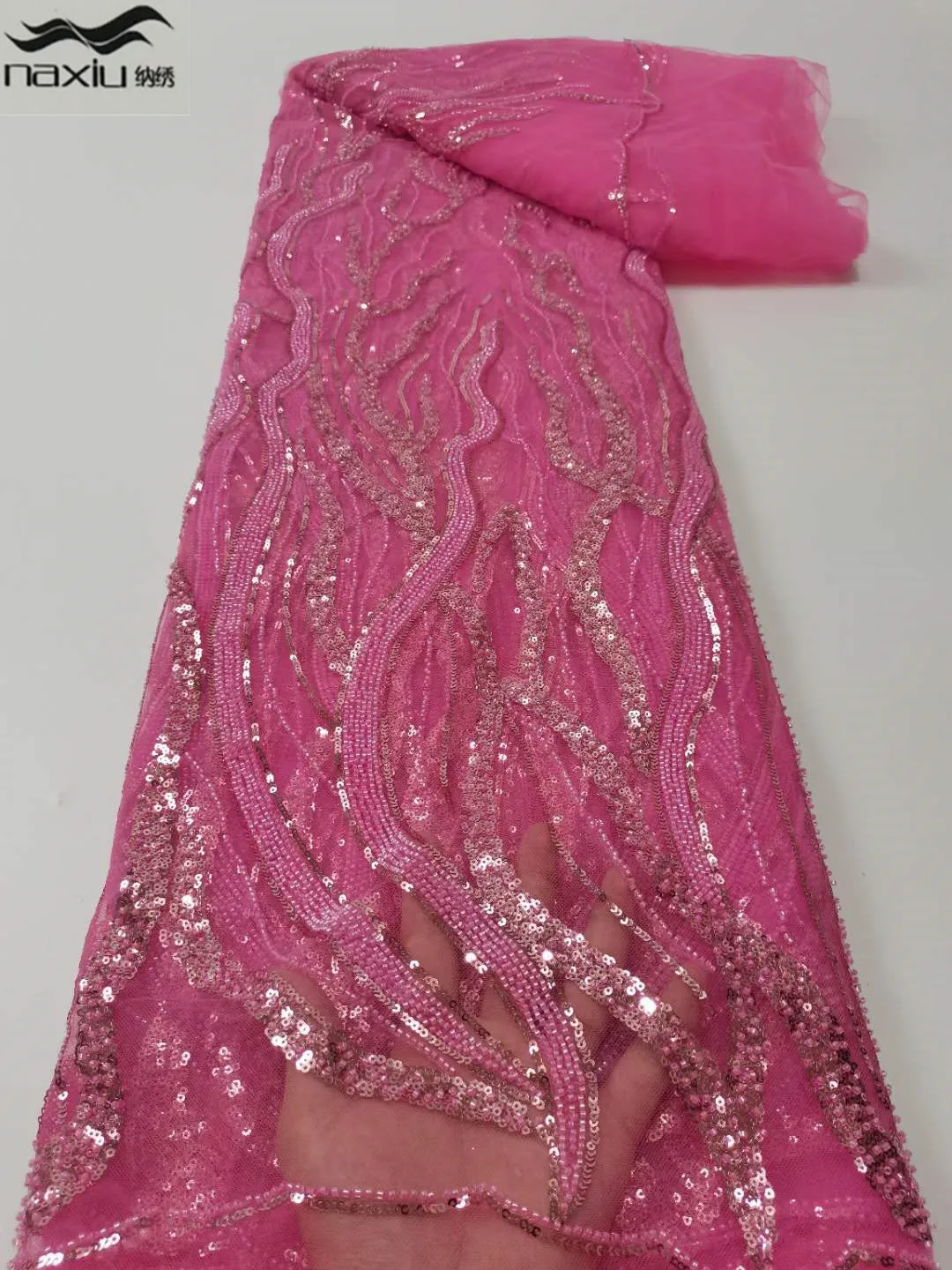 

Madison Pink French Lace Fabric For Wedding 2022 latest Luxury Groom Beaded Bridal Fabrics African Sequins Tulle Lace Fabric