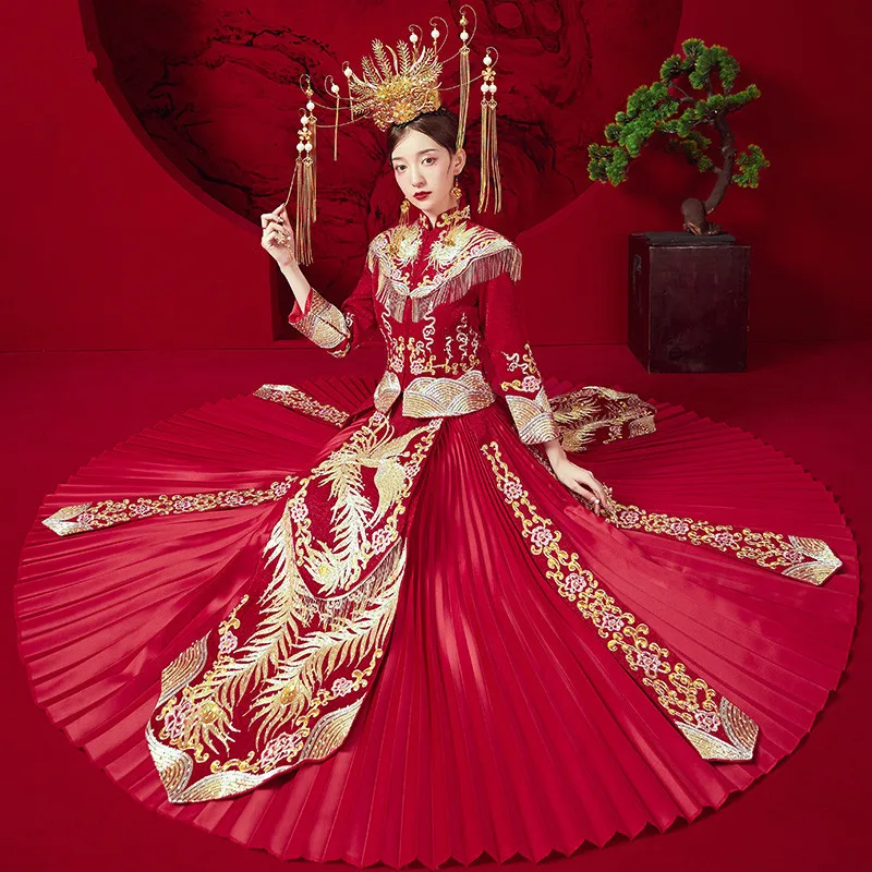 New Chinese Elegant Mandarin Collar Cheongsam Wedding Dress Bride Phoenix Embroidery Marriage Qipao Suit