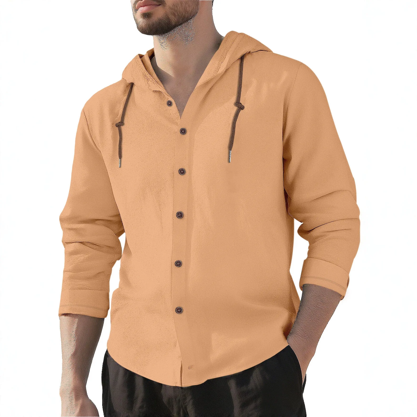 Фото Мужская толстовка с капюшоном из хлопка с эффектом льна, свободного кроя, легкая, дышащая, однотонная, с длинным рукавом, европейский размер №2