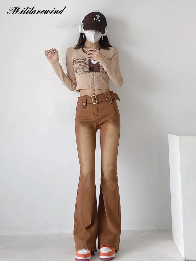 

Vintage High Waist Sexy Flare Pants Slim Fit Skinny Fashion Streetwear New Casual Full Length Trousers Washed Femme Belt Jeans