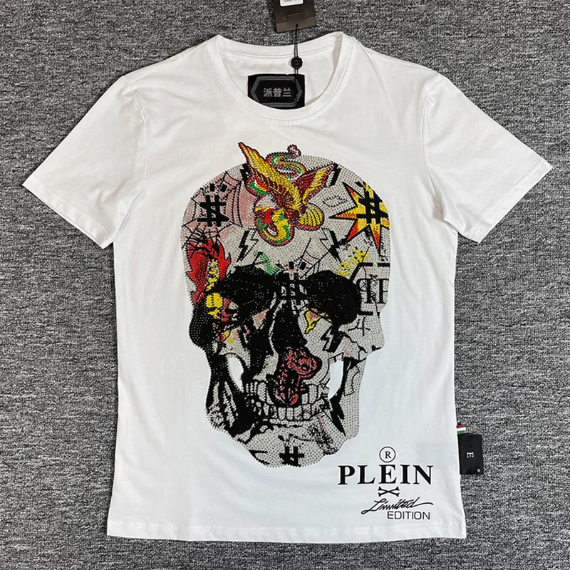 

T-shirt Round Neck Short-Sleeved Printed Skull T-shirt Men Fashion Cotton Short-Sleeved Plein Skull Street Sportswear aaa Tops