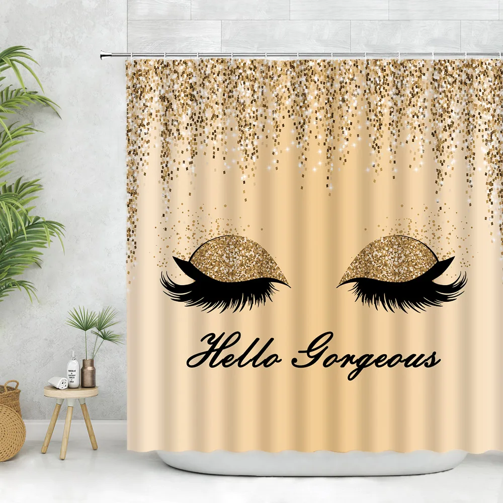 

Eyelashes Shower Curtain Champagne Dripping Hello Gorgeous Lady Girl Creative Personality Printing Polyester Bath Curtain Hook