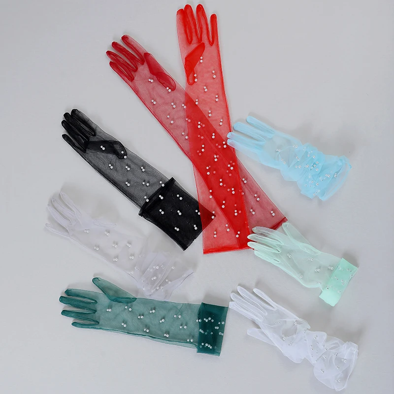 

Elegant Pearl Long Sheer Tulle Gloves Ultra Thin Transparent Mittens Mesh Elbow Wedding Bride Gloves Sunscreen Driving Gloves