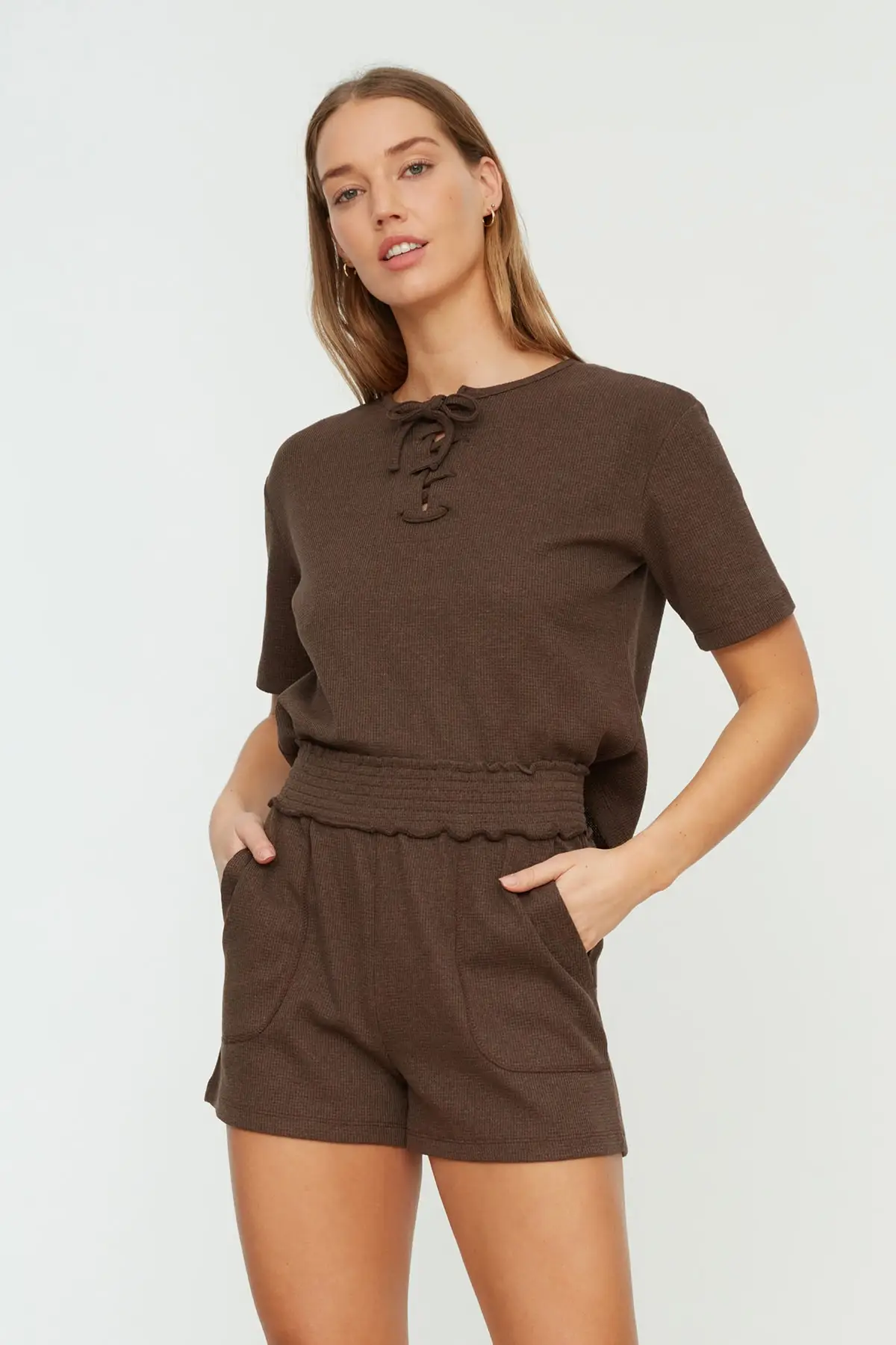 

Women's Shorts Brown Gipple Waffle Fabric Knitted & Bermuda New Summer Bermuda Basic Short Pants Mini Trousers