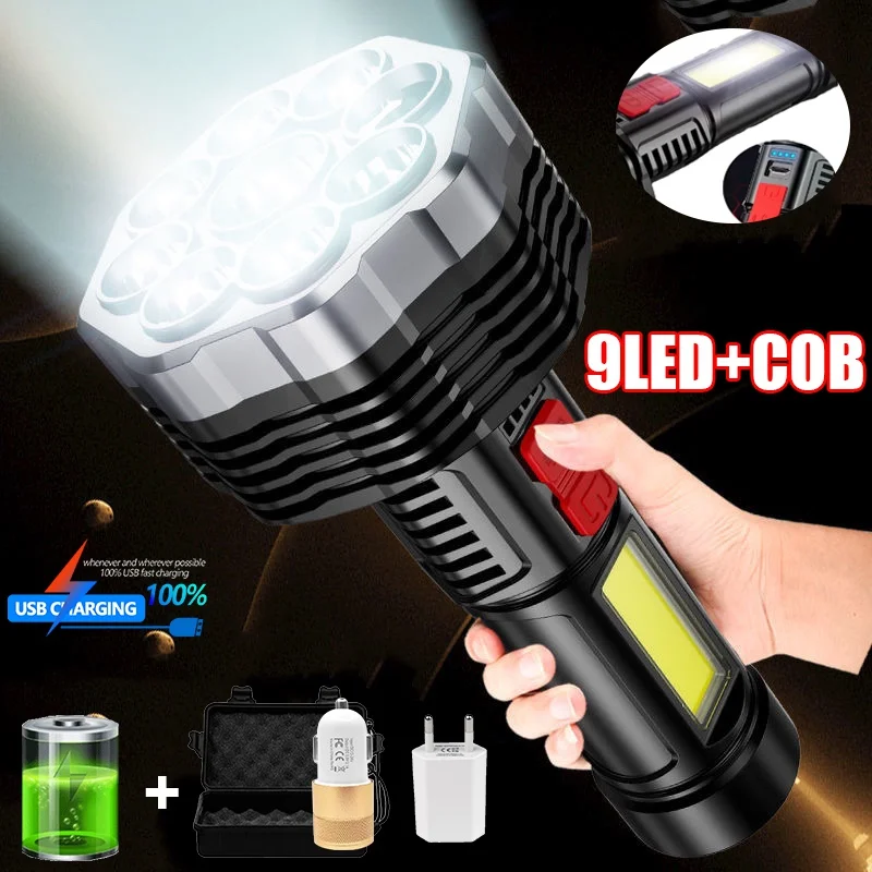 50000LM 9LED+COB Flashlight 4 Modes Waterproof USB Rechargeable Torch Outdoor Fishing Camping Long Life build-in Battery