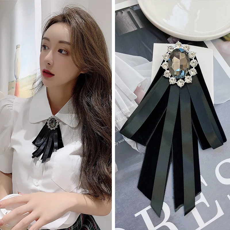 

New Velvet Necktie Japanese and Korean Academy Feng Shui Diamond Inlaid with Simple Fashion Style Retro Needle Collar Isignina