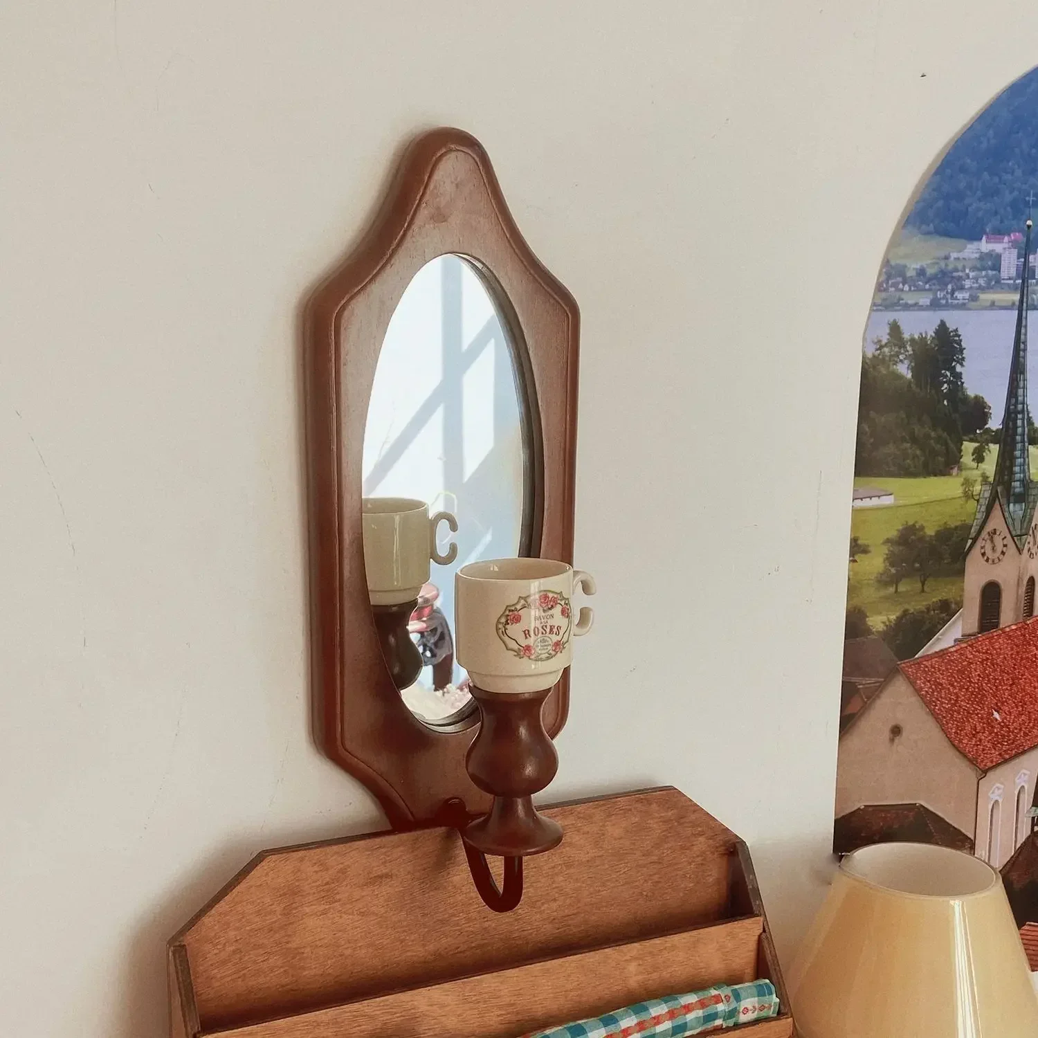 Антикварное настенное зеркало для макияжа из цельного дерева ретро подсвечник