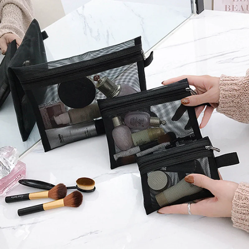 

New Mesh Transparent Cosmetic Bags Small Large Clear Black Makeup Bag Portable Travel Toiletry Organizer Lipstick Storage Pouch