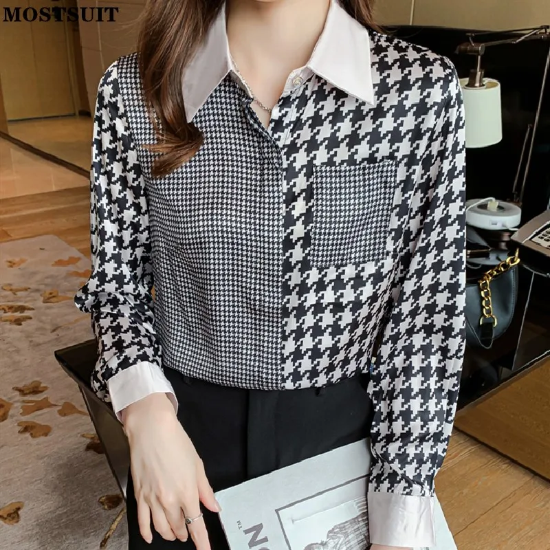 

Houndstooth Chiffon Women Shirt 2022 Spring Autumn Full Sleeve Single-breasted Blouses Tops Elegant Fashion Ladies Blusas Mujer