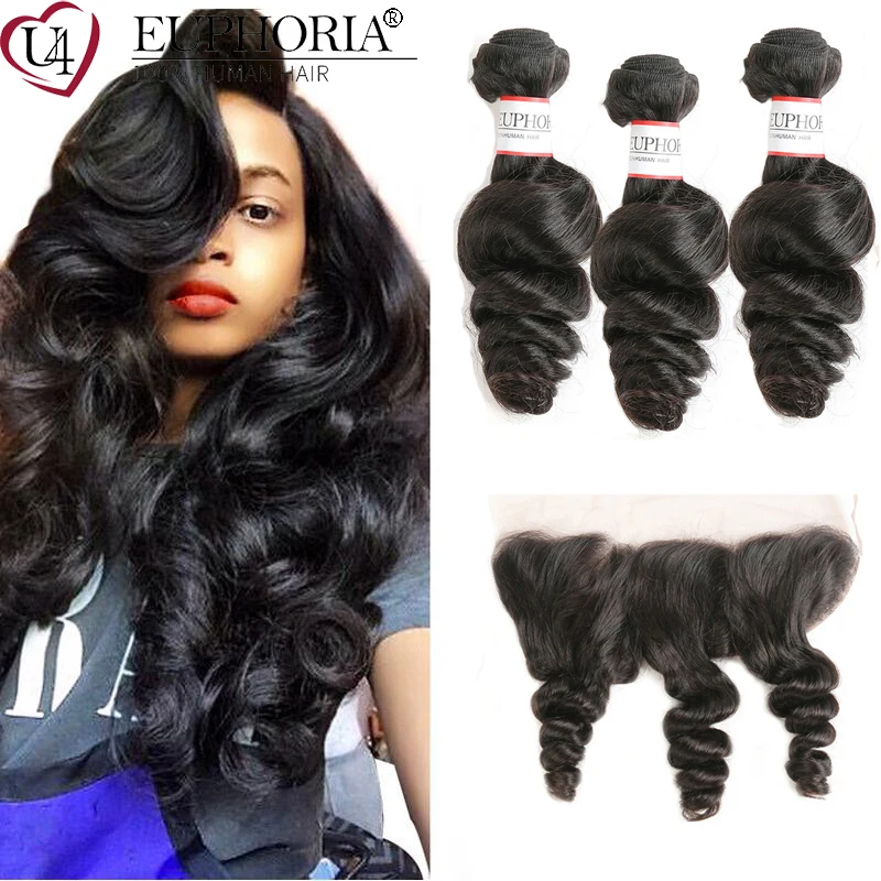 Loose Wave Brazilian Remy Human Hair 3 Bundles With Closure Natural Color Bundles With 13x4 Lace Frontal Swiss Lace Euphoria