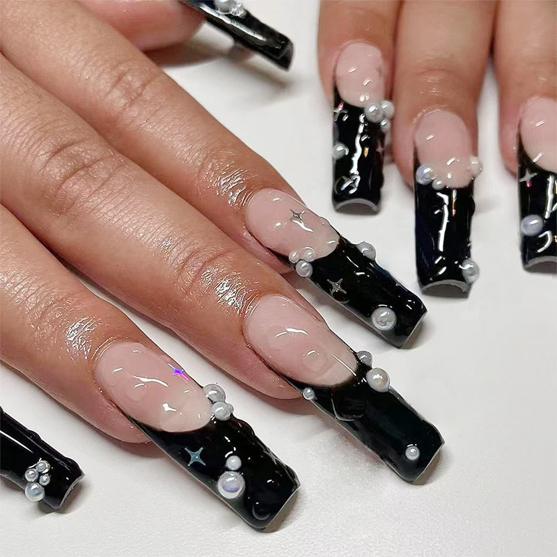 

Съемный Черный гвоздь для балета, сверхдлинный гвоздь, накладной гвоздь, полное покрытие, звезда, блестки, жемчуг, накладной гвоздь с клеем, оптовая продажа для женщин, 24 шт.