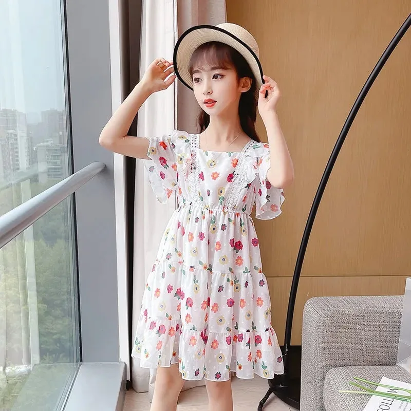

Girls Summer Dress Chiffon Girls Floral Printed Cute Princess Party Dress Girls For 5 6 8 10 12 Years Vestidos Kids Teen Clothes