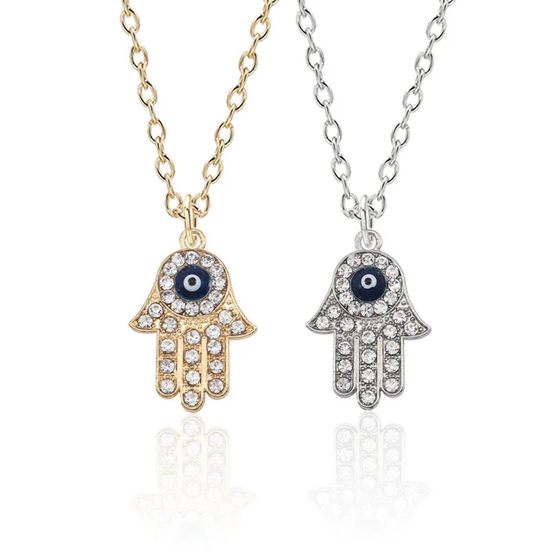 

Turkish Hamsa Hand Necklace for Women Men Alloy Cubic Zircon Blue Evil Eye Luck Pendant Necklace Hip Hop Punk Jewelry Gifts