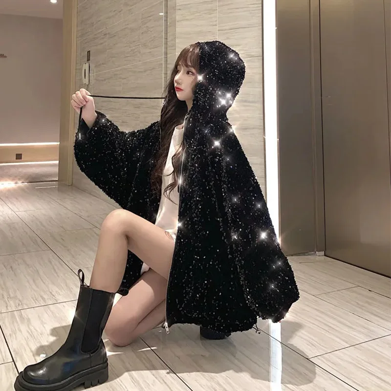 Starry Sky Sequins Cotton Coat Women's 2022 Autumn Winter New Hooded Fried Street Korean Version Loose All-Match Warm Jacket