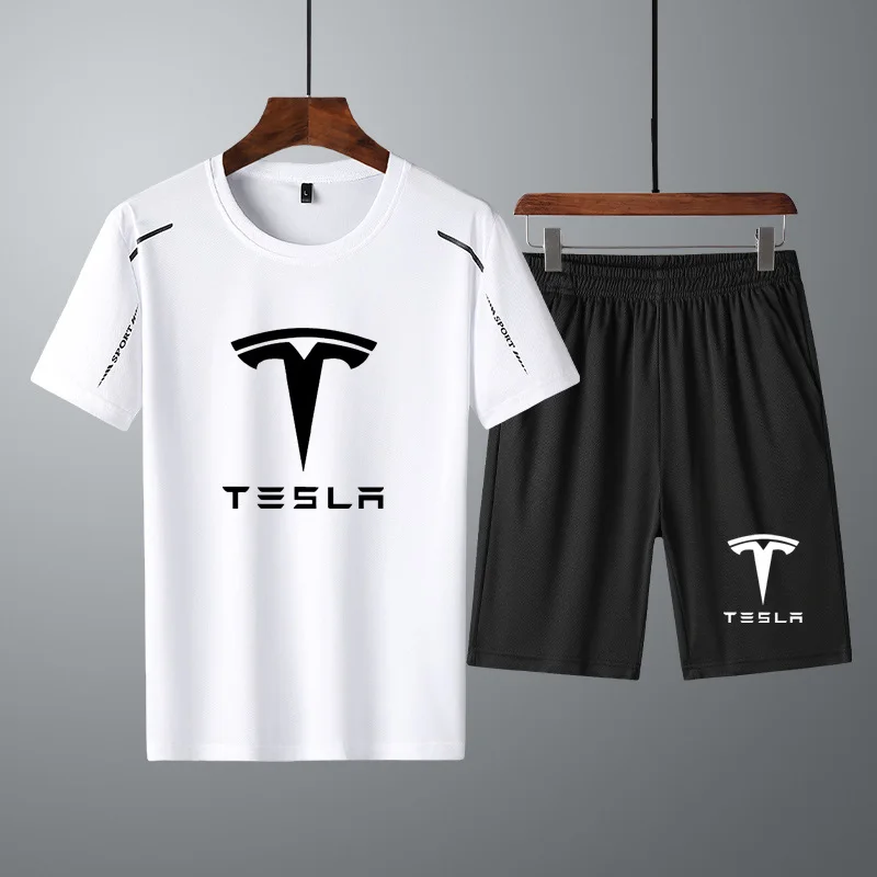 

Summer New Fashion Tesla car Logo Printing Men's Casual Short sleeve High Quality Cotton Men's T-shirt+shorts 2 piece suit