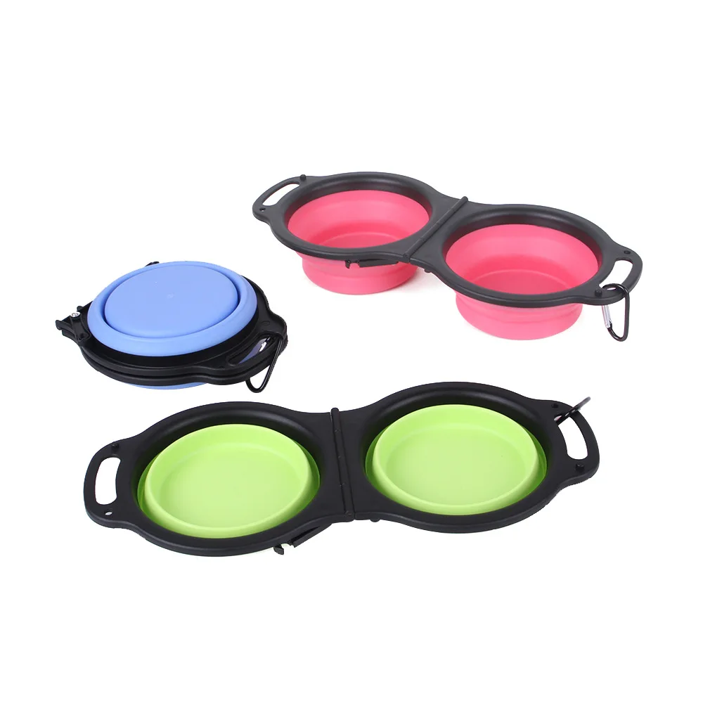 

Popular Rubber Folding Double Bowl Portable Pet Feeding Bowl 3-color Optional Outdoor Dog Food Bowl Cat Food Bowl Accessories