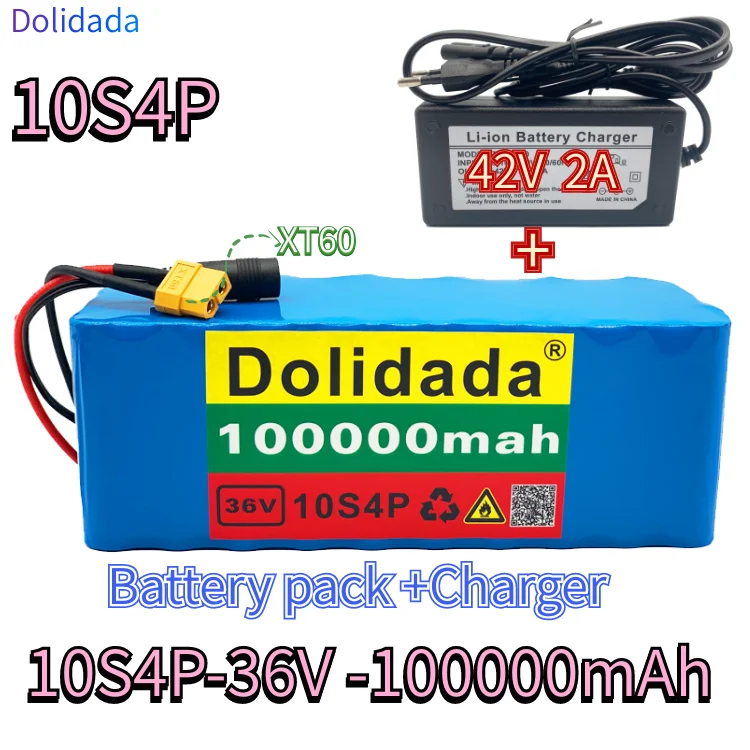 

36V 10s4p 100000mAh 1000W large capacity 18650 lithium battery pack electric bicycle scooter with BMS XT60 plug +42v 2A charger