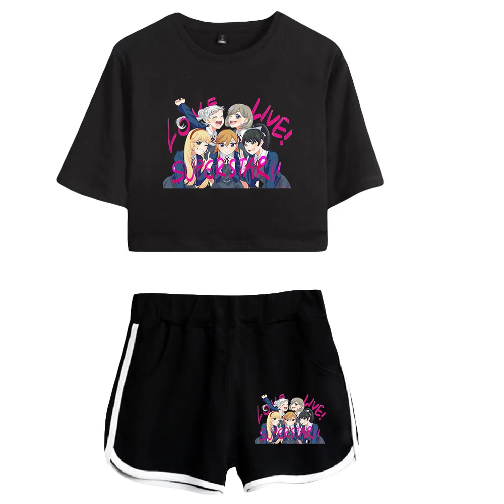 

Love Live superstar Shibuya Kanon Tang Keke Print Short Sleeve Shorts+lovely T-shirts Dew navel Pretty Girl suits Two Piece Set