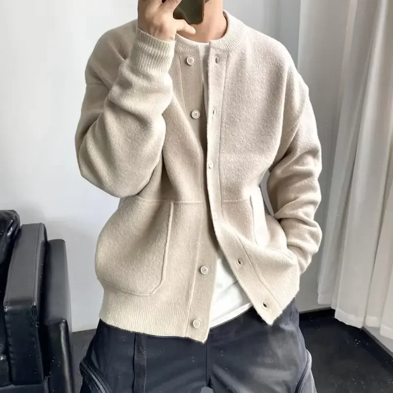 Men's Winter Loose-Fit Round Neck Knitted Sweater Casual Vintage Style Cardigan Pullovers Chic Brands Wool Top