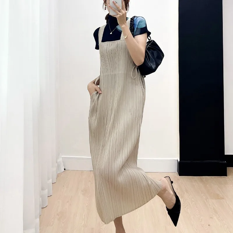 

Miyake Simple Minority All-Match Comfort Casual Slim Fit Slimming Spaghetti Straps Women's Dress 2023 Summer New Pleated Dresses