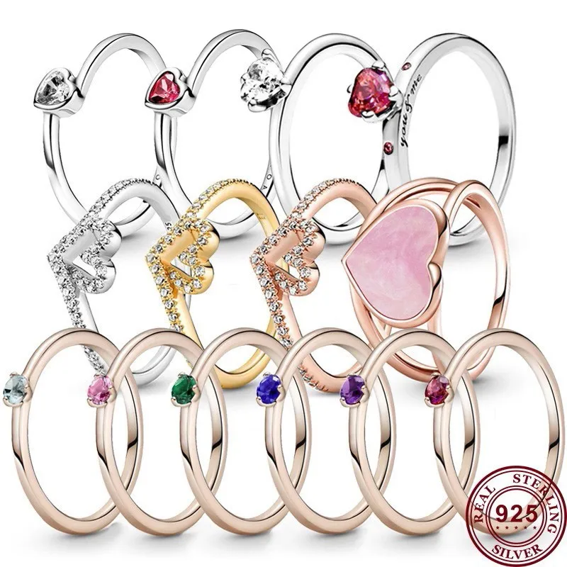 

Hot 925 Silver Exquisite Love Heart Red Pink Zircon Women's Ring Wedding Gift Couple High Quality Fashion Charm Jewelry
