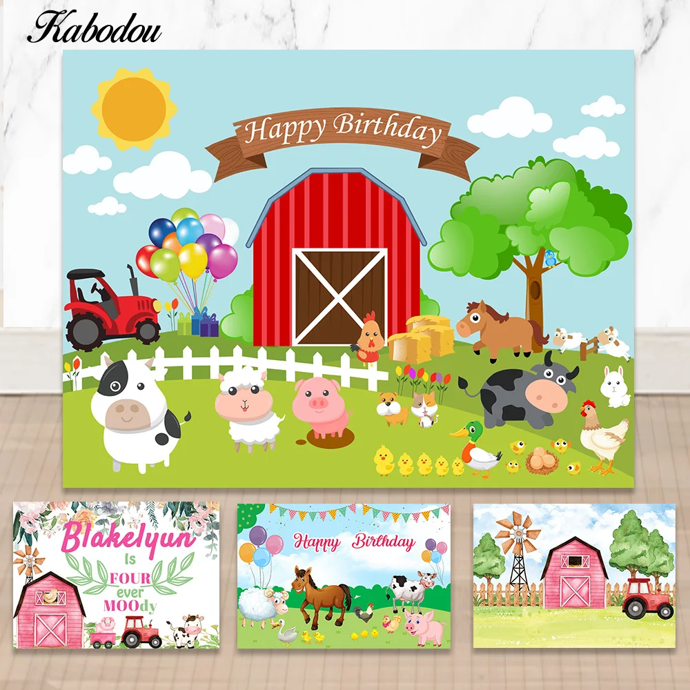 

Kabodou Farm Theme Photo Backdrop For Kids Happy Birthday Photography Background Green Field Decorations Banner Booth Props