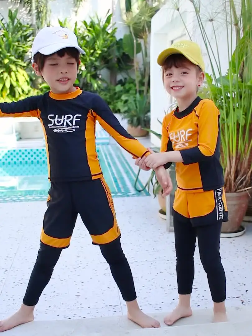 Children Sun Protection 3 Pieces Quick-Drying Surfing Rash Guard For Boy Girl Water Sport Long Sleeve Swim Bathing Beach Wear