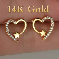 1 pair 14k yellow gold love heart star white sapphire diamond stud earrings for women wedding engagement bride jewelry gift