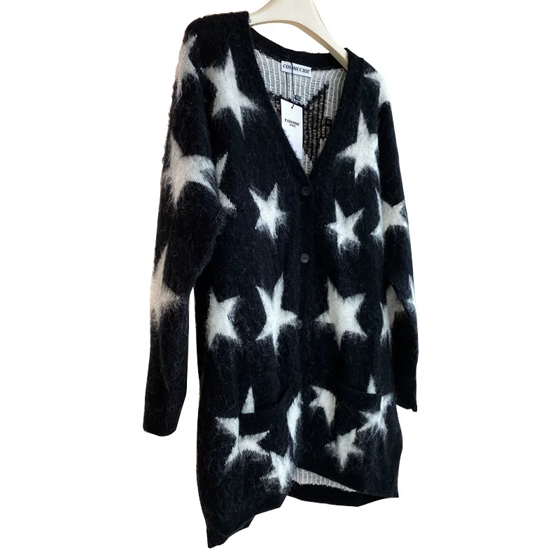 

22 Runway Autumn Mohair Knitted Cardigan Women Stars Pattern Long Sleeve V Neck Sweater Jacket Vintage Elegant Soft Office Top