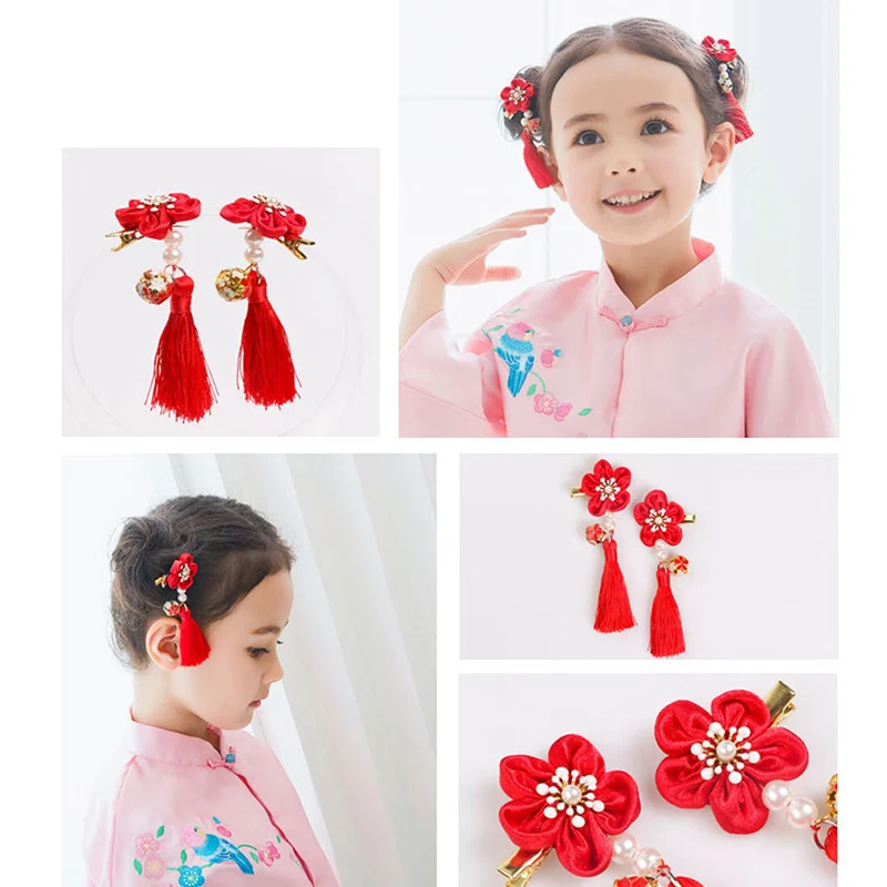 

New Kids Hairpins Girls 5 Petals Flower Tassels Hair Clips Chinese National Style Hairpins Cheongsam Hair Accessories