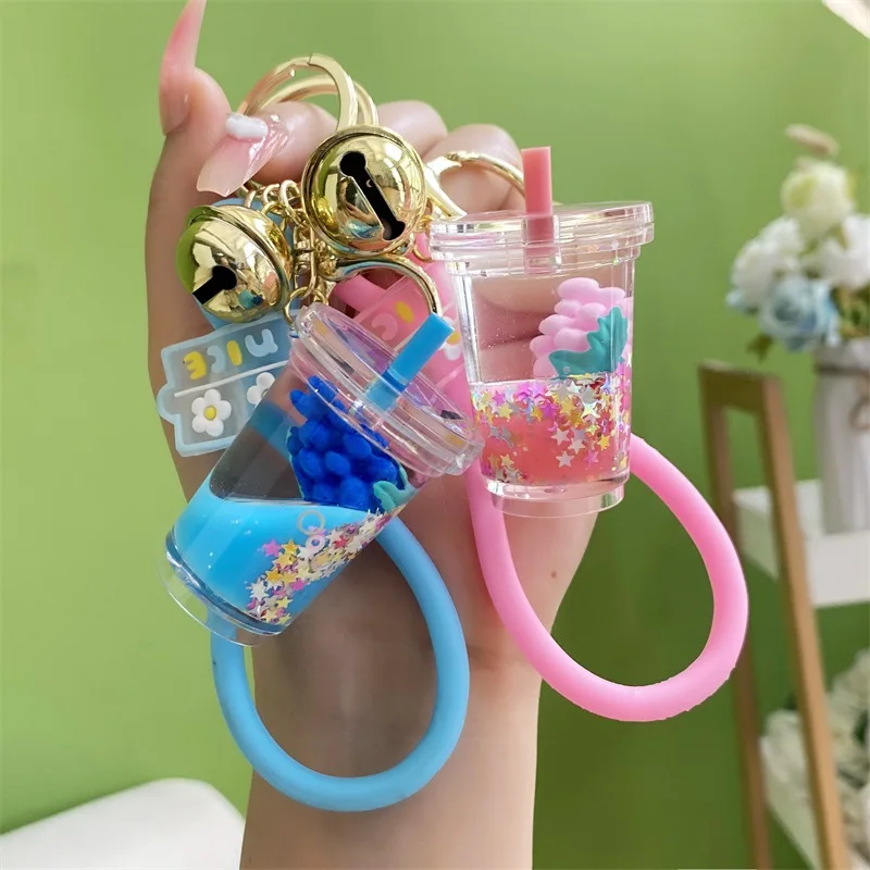 New Floating Liquid Into Oil Fruit Glitter Milk Tea Cup Grape Keychain Women Girl Bag Car Pendant Cute Mug Bottle Keyring Gift