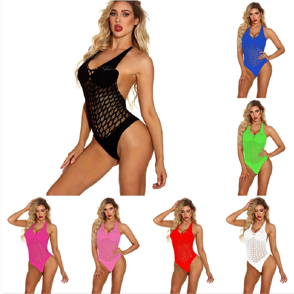 

Сексуальное боди с лямкой на шее, женское цельнокроеное кружевное бикини, нижнее белье в сеточку, нижнее белье, одежда для сна, женская пижам...