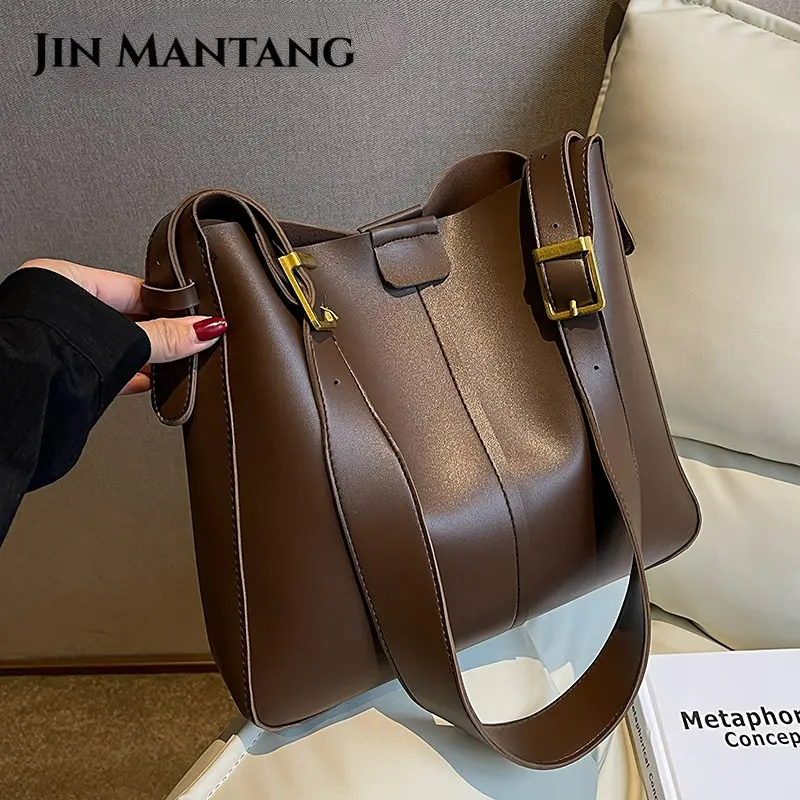 

JinMangTangBucket Bags for Women 2022 Winter Tends Small Leather Shoulder Side Bag Female Solid Color Handbags and Purses Travel