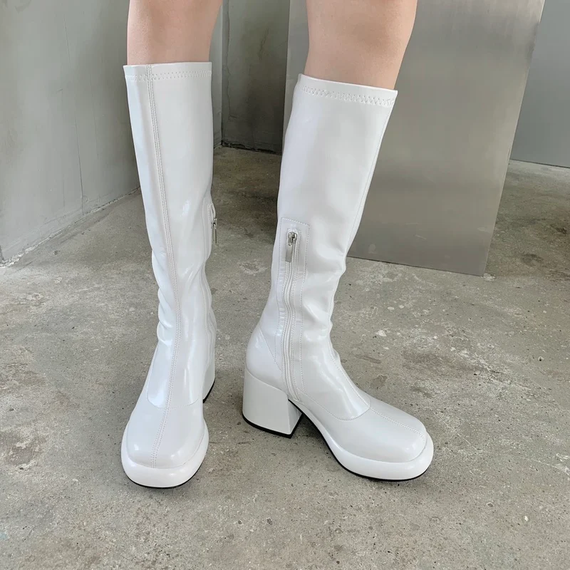 Pu Leather Large Tube High Boots Brown Knight Boots Women's 2023 Spring and Autumn Thick Bottom Small High Heel Thick Leg Boots