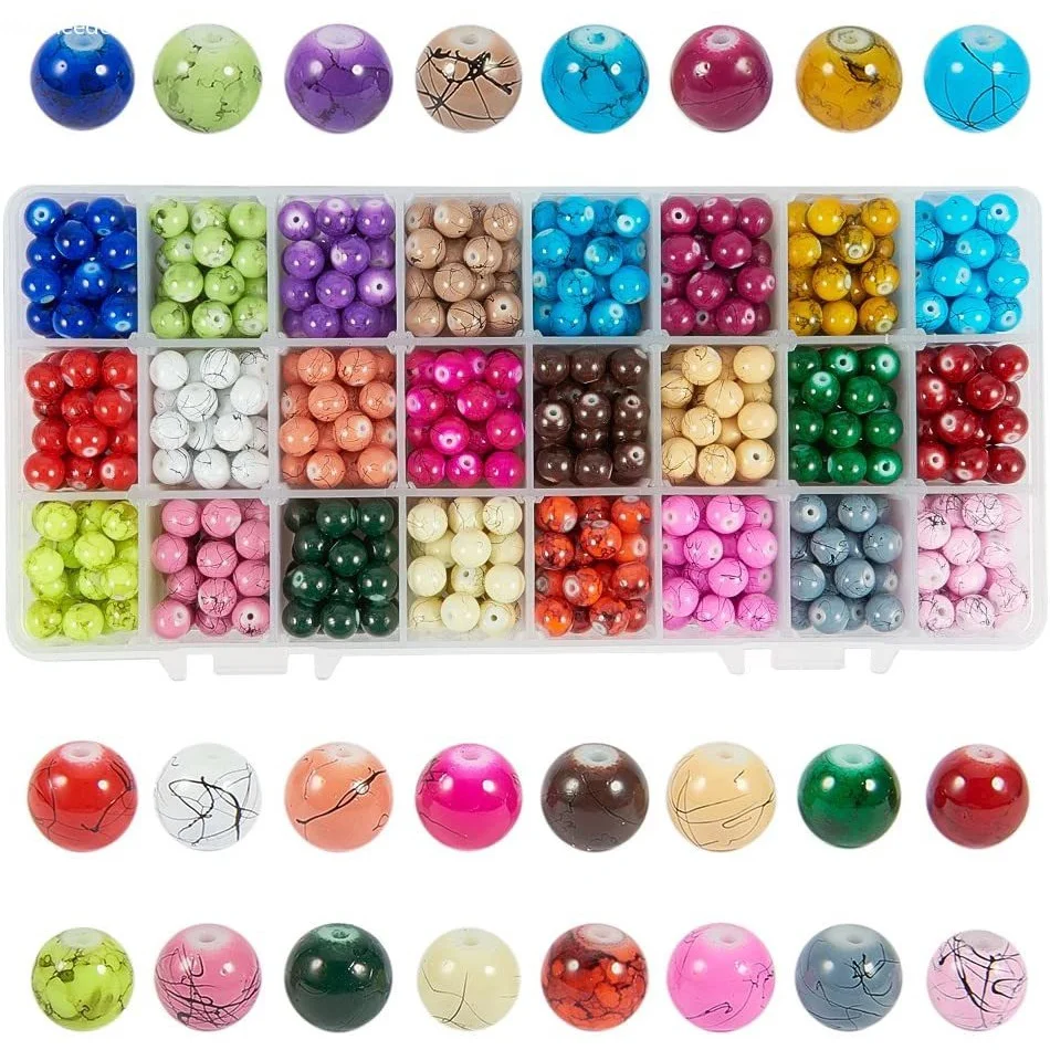 

1 Box (About 600 pcs) 24 Color 8mm Round Drawbench Baking Painted Glass Beads Assortment Lot for Jewelry Making