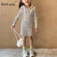 rinilucia 2022 new hot fashion brief striped hooded straight knee length dress cotton long sleeve female baby girls dress spring