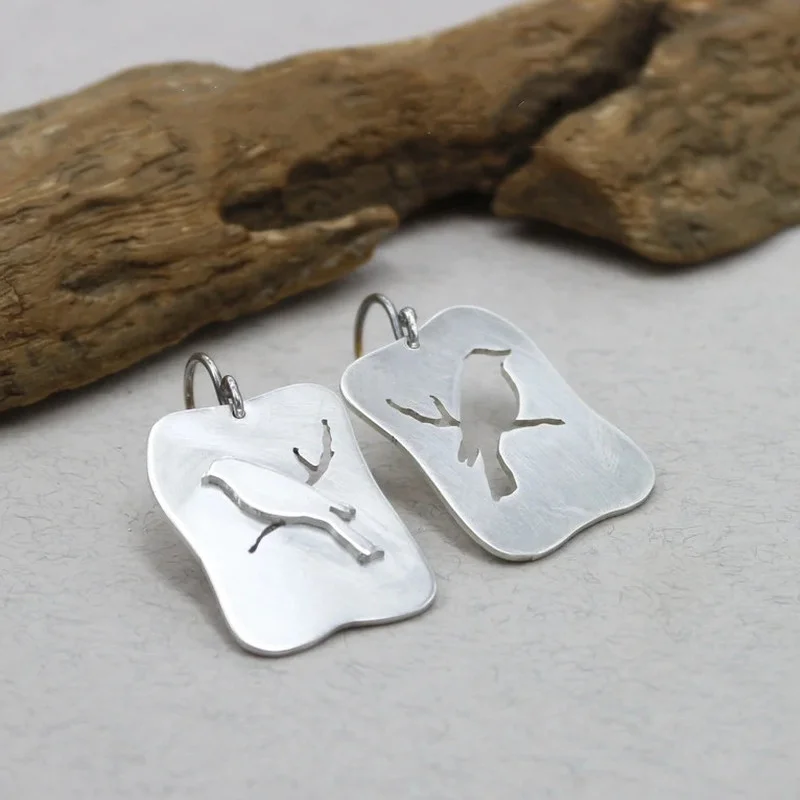 Vintage Square Metal Craftsman Carved Bird Earrings Boho Women Simple Asymmetric Hook Drop | Dangle