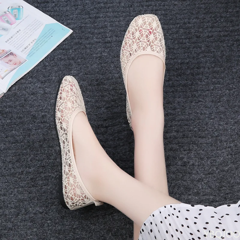 

Women's Transparent Lace Soft Flats Ladies Square Toe Sexy Black Boat Shoes Summer Breathable Beige Non-Slip Flat Shoes 35-40