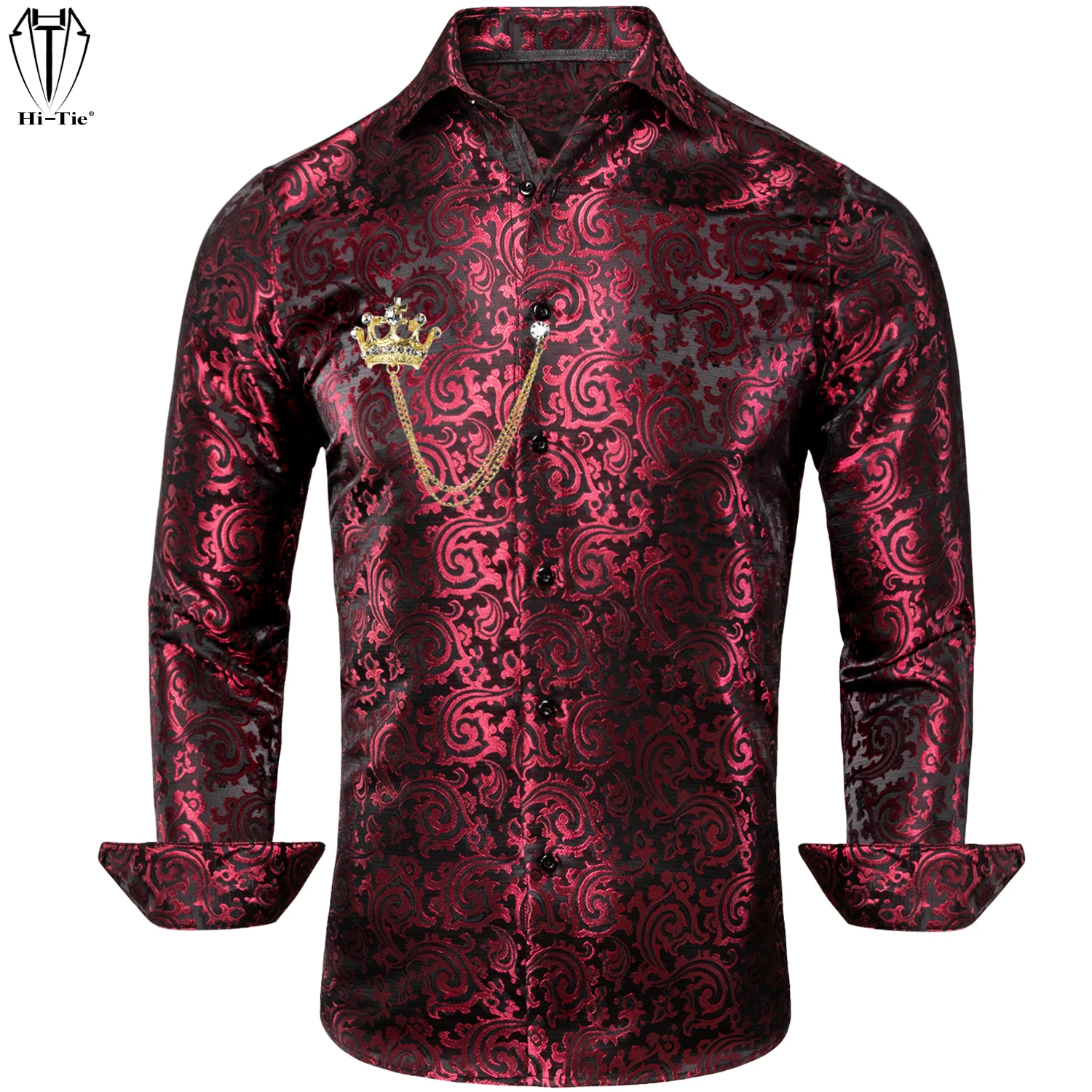 

Luxury Silk Long Sleeve Mens Shirts Brooch Set Jacquard Woven Shirt for Male Men Wedding Business Party High Quality S to 3XL