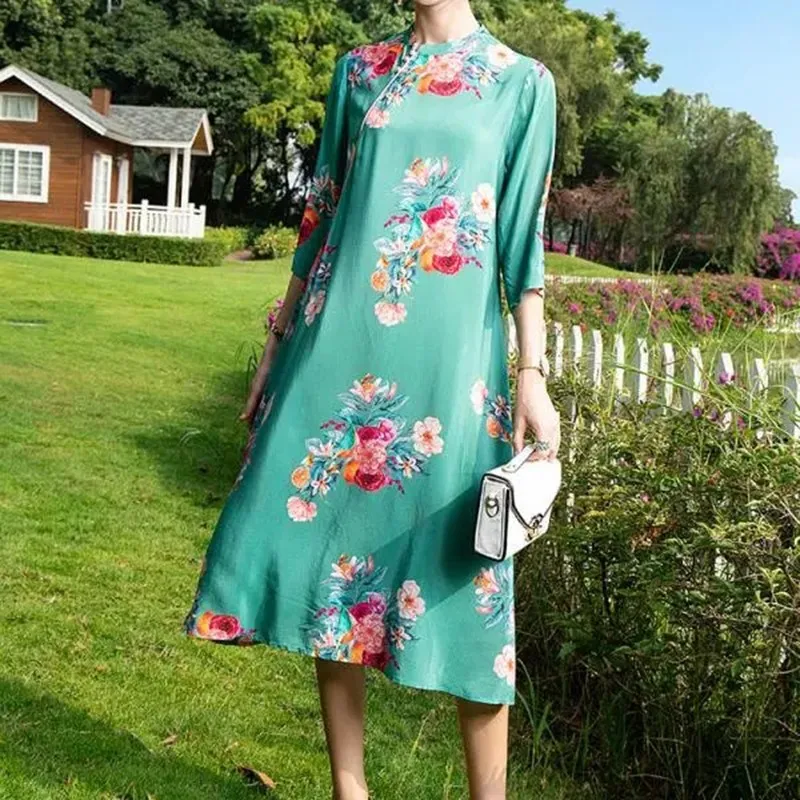 Женское длинное шелковое платье-Ципао элегантное свободное зеленое
