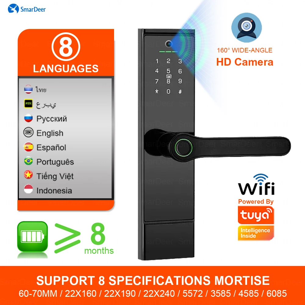 

SmarDeer Smart Lock with Camera for Tuya lock wifi Biometric Fingerprint Lock Keyless Entry via Fingerprint/Password/Card/App