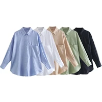 spring 2022 womens versatile long sleeve lapel front patch pockets side slit hem buttoned closure linen shirt dropshipping