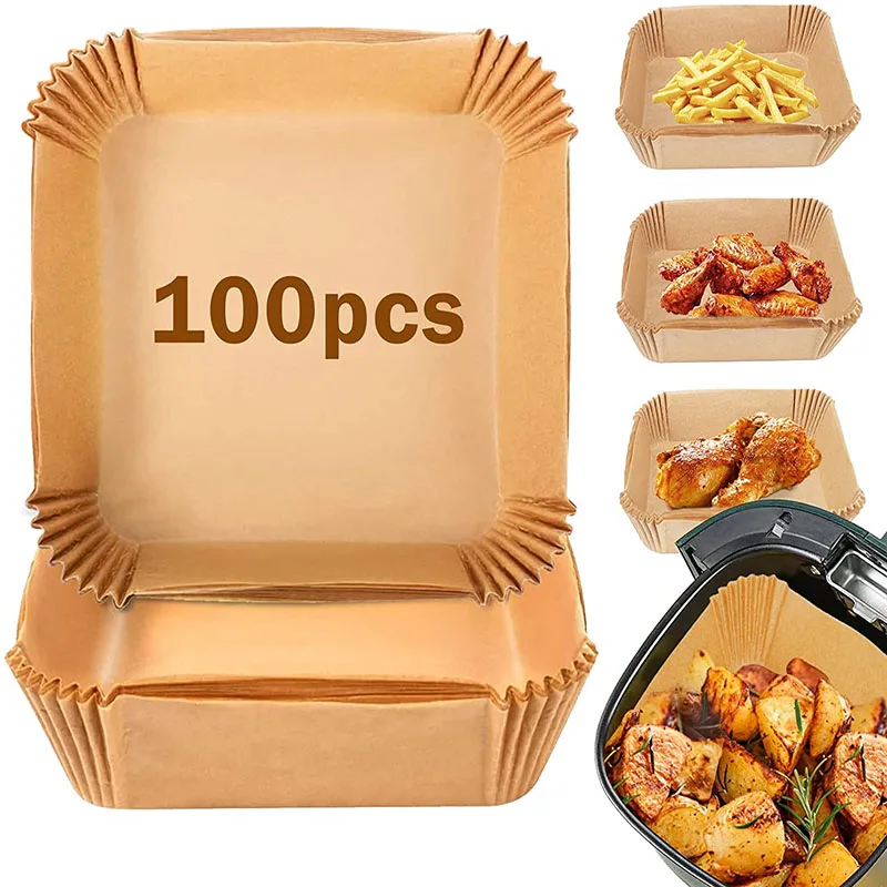 100pcs Square Disposable Air Fryer Paper Oil-proof Water-proof Paper Tray Non-Stick Baking Mat for Oven Air Fryer Accessories