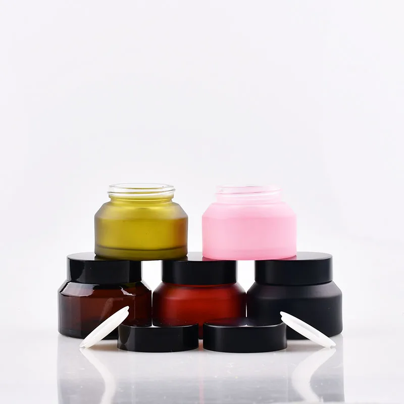 

Wholesale Custom 15g 30g 50g Black Frosted Amber Green Slope Shoulder Eyeshadow Cream Glass Jars Mini Travel Cosmetics Packaging