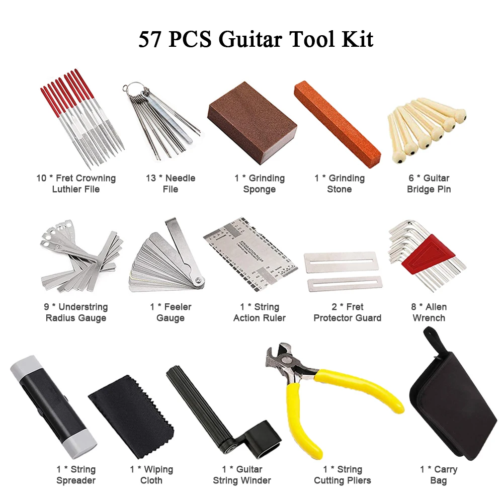 57 PCS Guitar Repair Maintenance Tools Kit with Carry Bag String Action Ruler Luthier File Bridge Pins for Ukulele Bass |